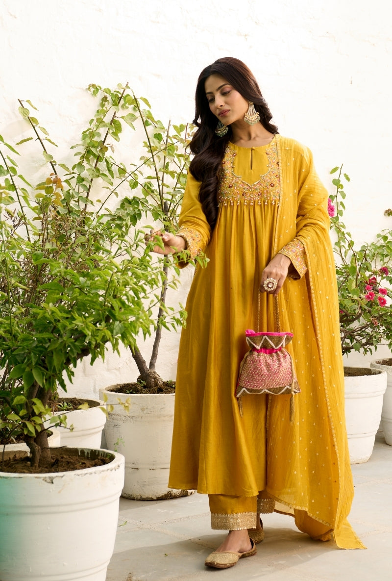 Yellow Front Gather Sabah Anarkali Set
