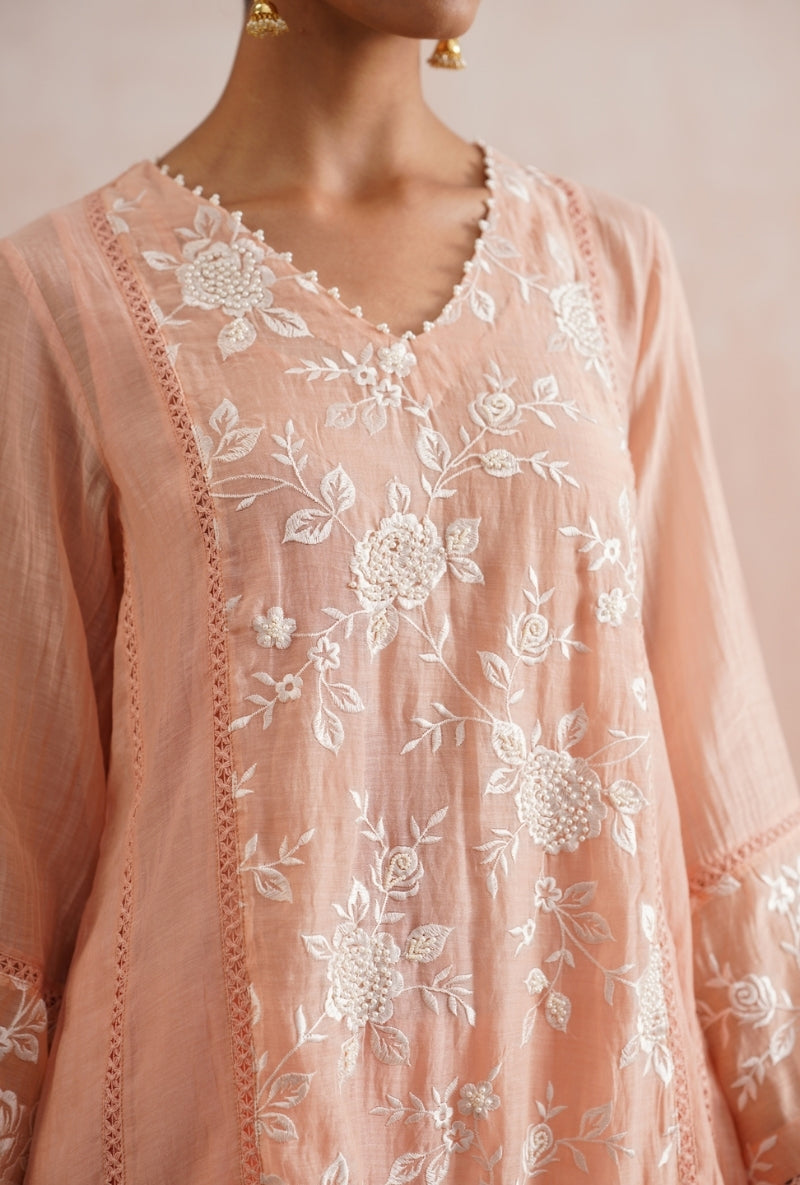Peach Pearl Embroidered Short Prisha Kurta Set