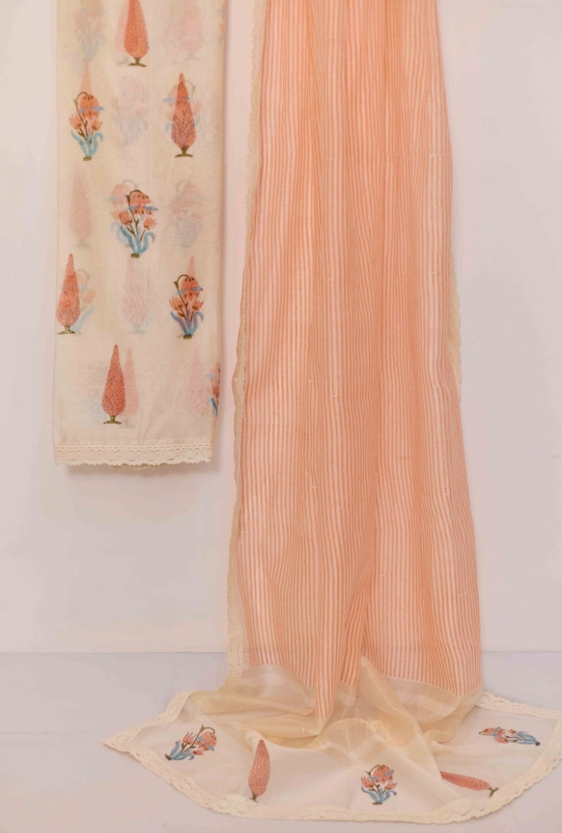 Block Print Resham Thread Embroidered Yoke Unstitched Suit Set