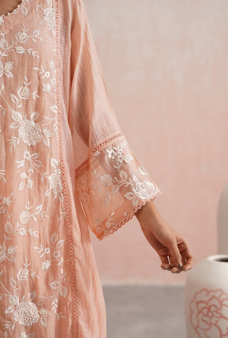 Peach Pearl Embroidered Short Prisha Kurta Set