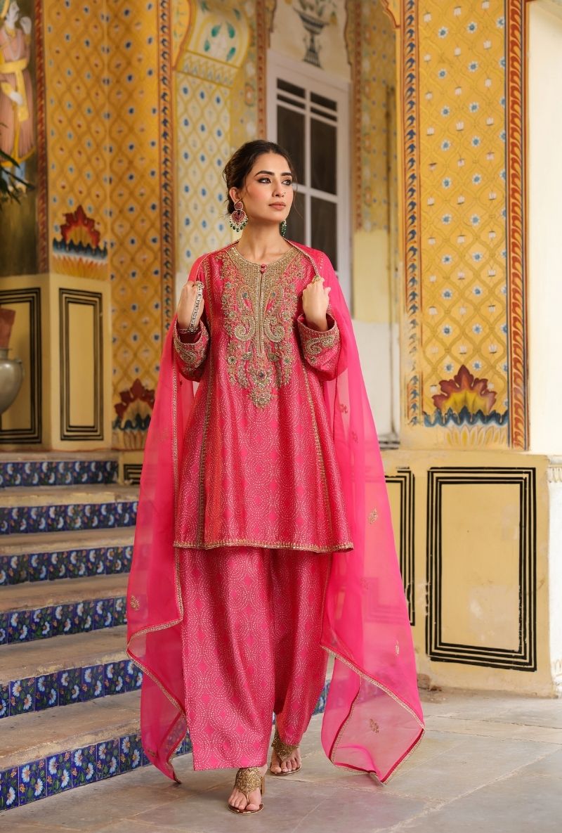 Pink Printed Pheran Short Mehfil Kurta Set