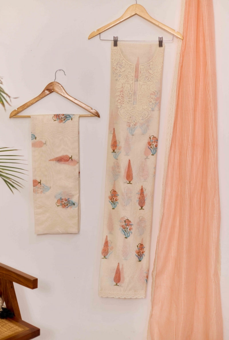 Block Print Resham Thread Embroidered Yoke Unstitched Suit Set
