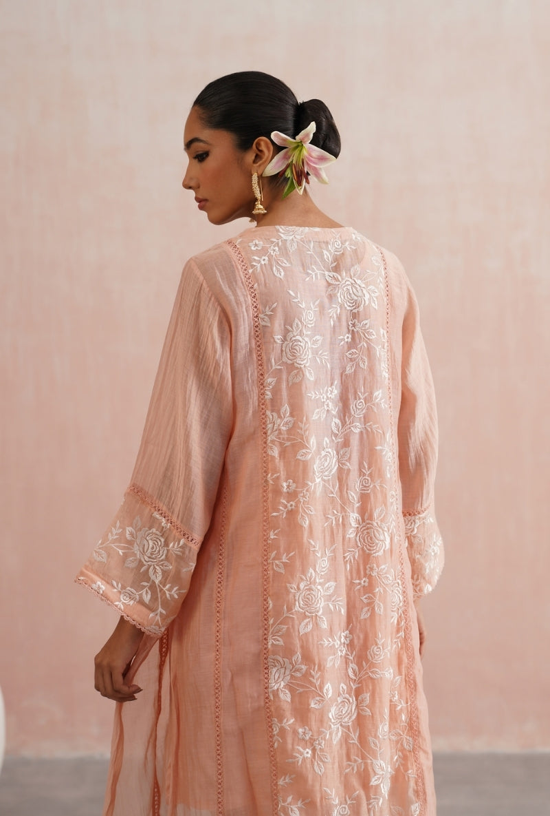 Peach Pearl Embroidered Short Prisha Kurta Set