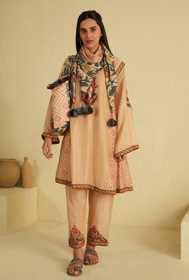 Cream Side Gathered Noorie Kurta Set