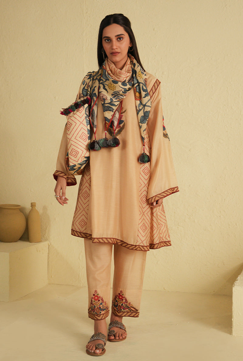 Cream Side Gathered Noorie Kurta Set