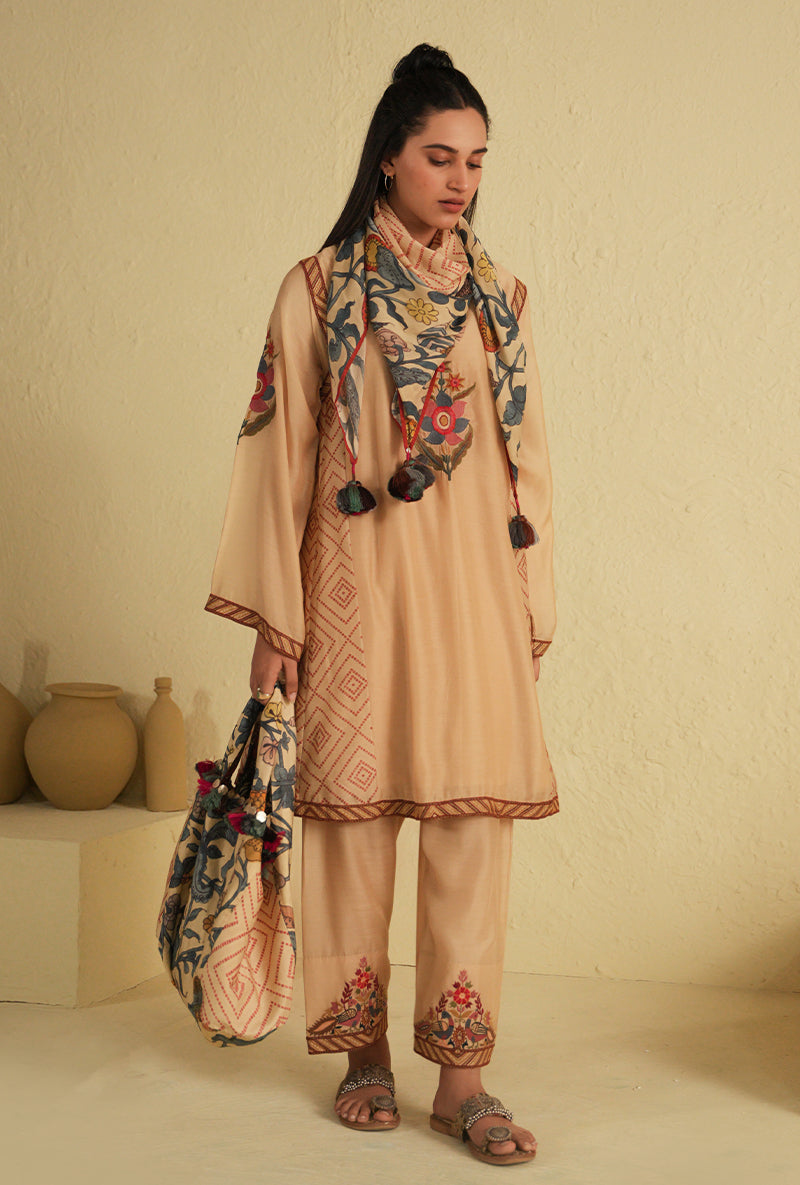 Cream Side Gathered Noorie Kurta Set