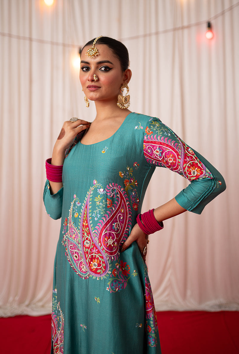 Green Embroidered Placement Print Kikli Kurta Set