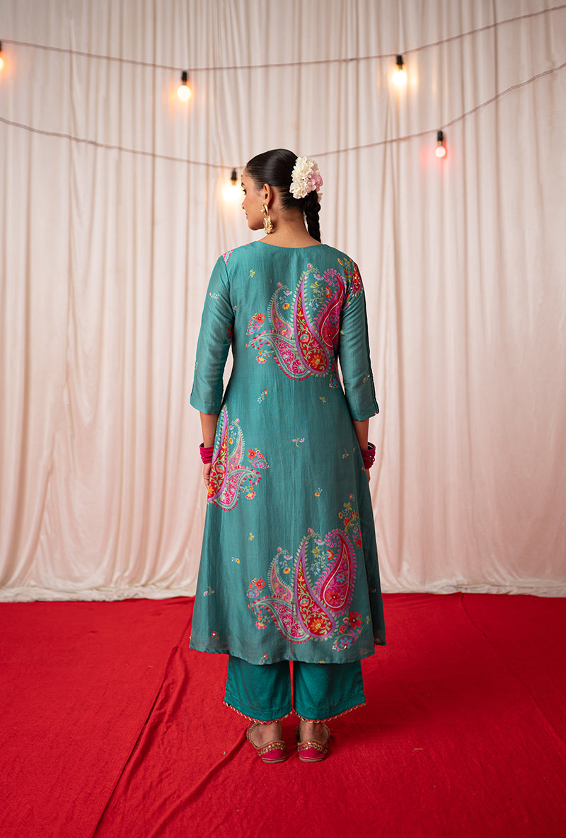 Green Embroidered Placement Print Kikli Kurta Set