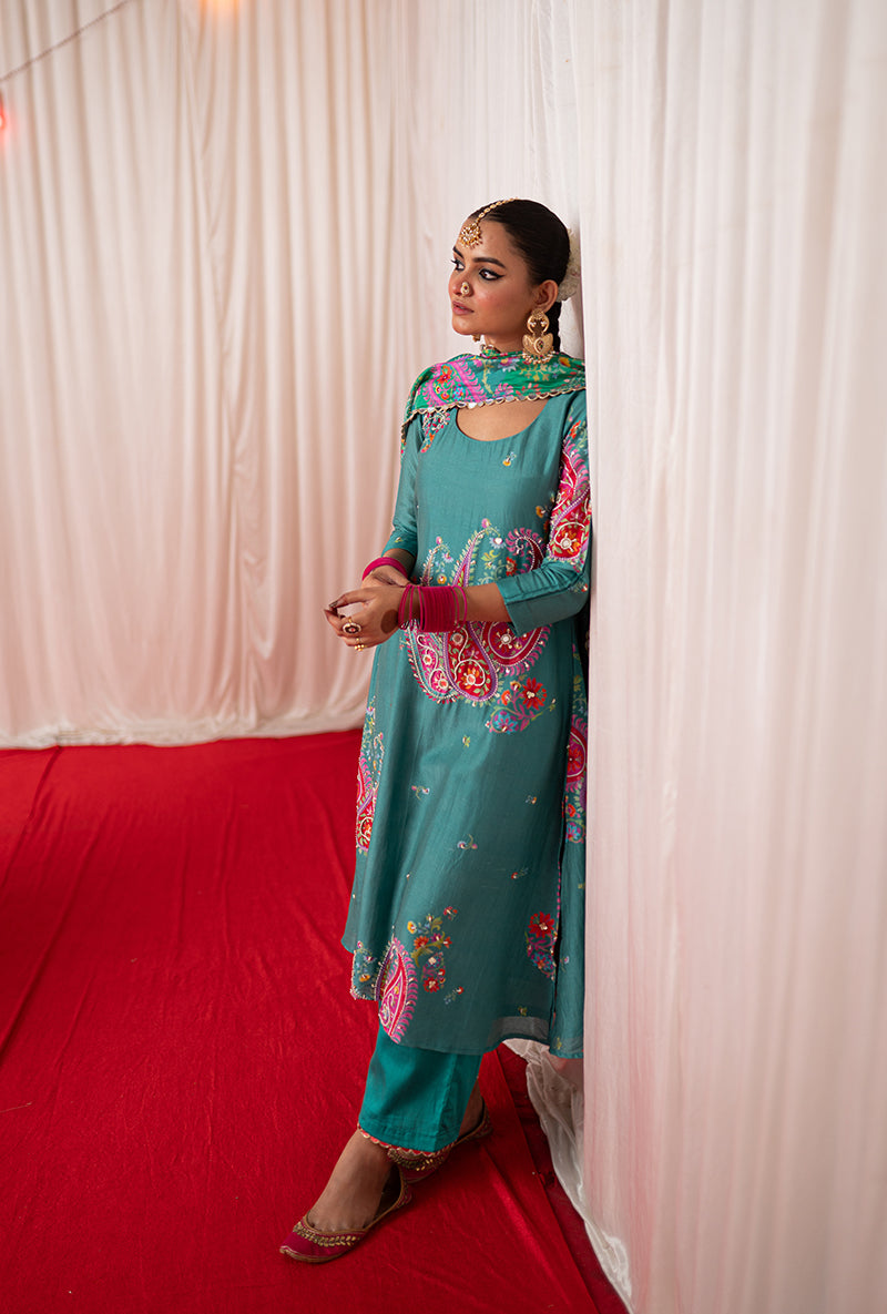 Green Embroidered Placement Print Kikli Kurta Set