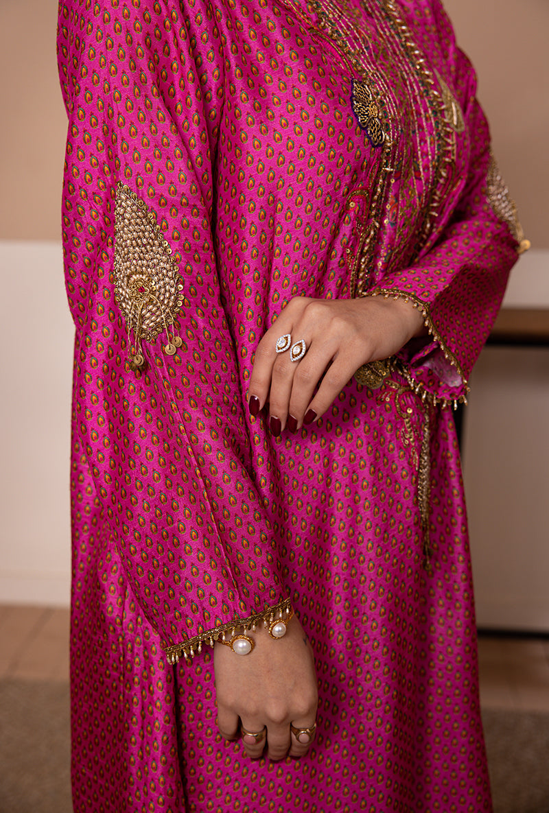 Pink Cheent Print Heavy Neck Shaheen Kurta Set