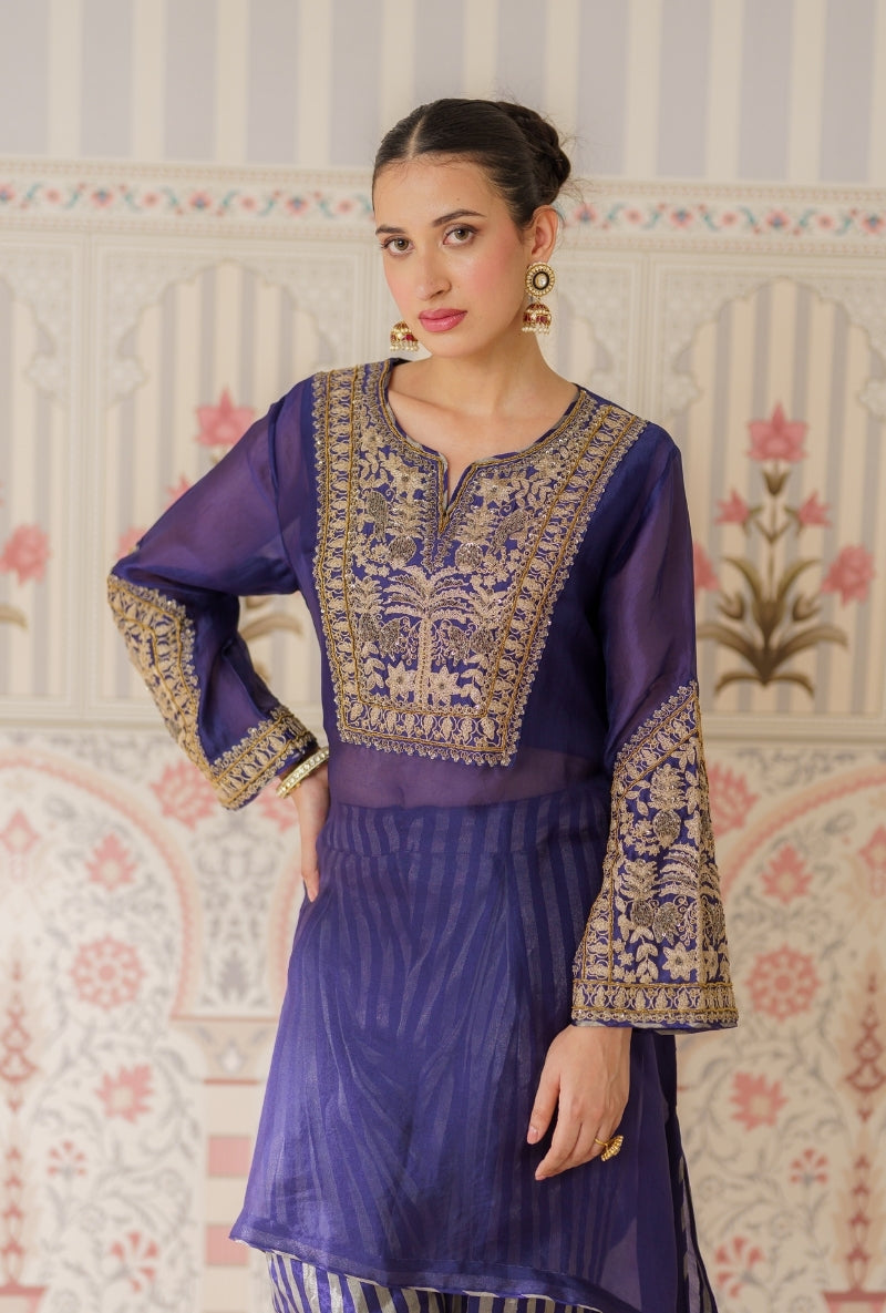 Navy Blue Dori and Sequin Hand Embroidery Mallika Farshi Set