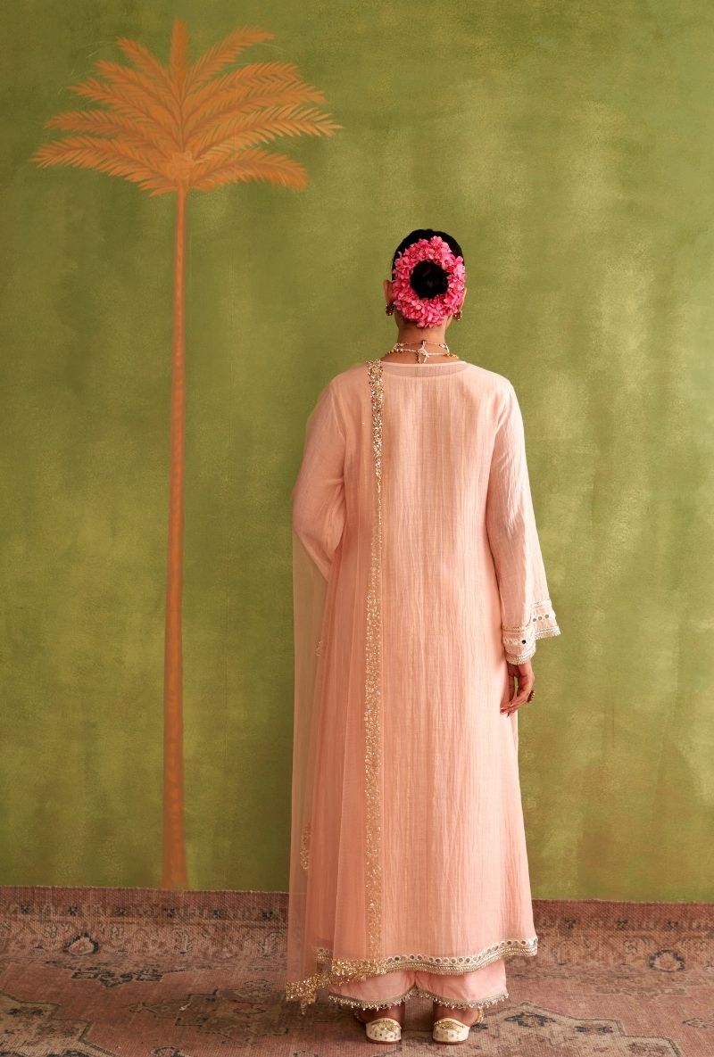 Baby Pink Silver Patchwork Morbagh Kurta Set