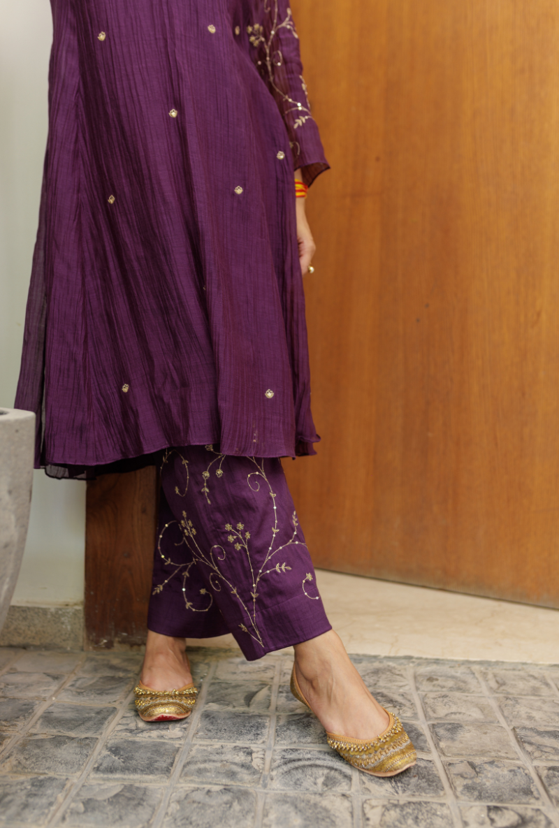 Meghna Nayyar in Purple Zari &amp; Dabka Work Urvi Kurta Set