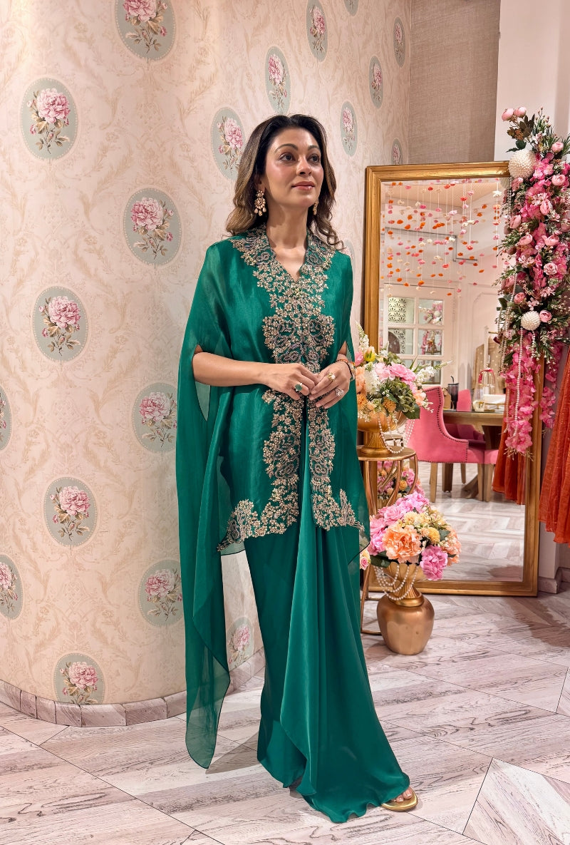 Meghna Nayyar in Bottle Green Sequin and Dori Mallika Cape Set