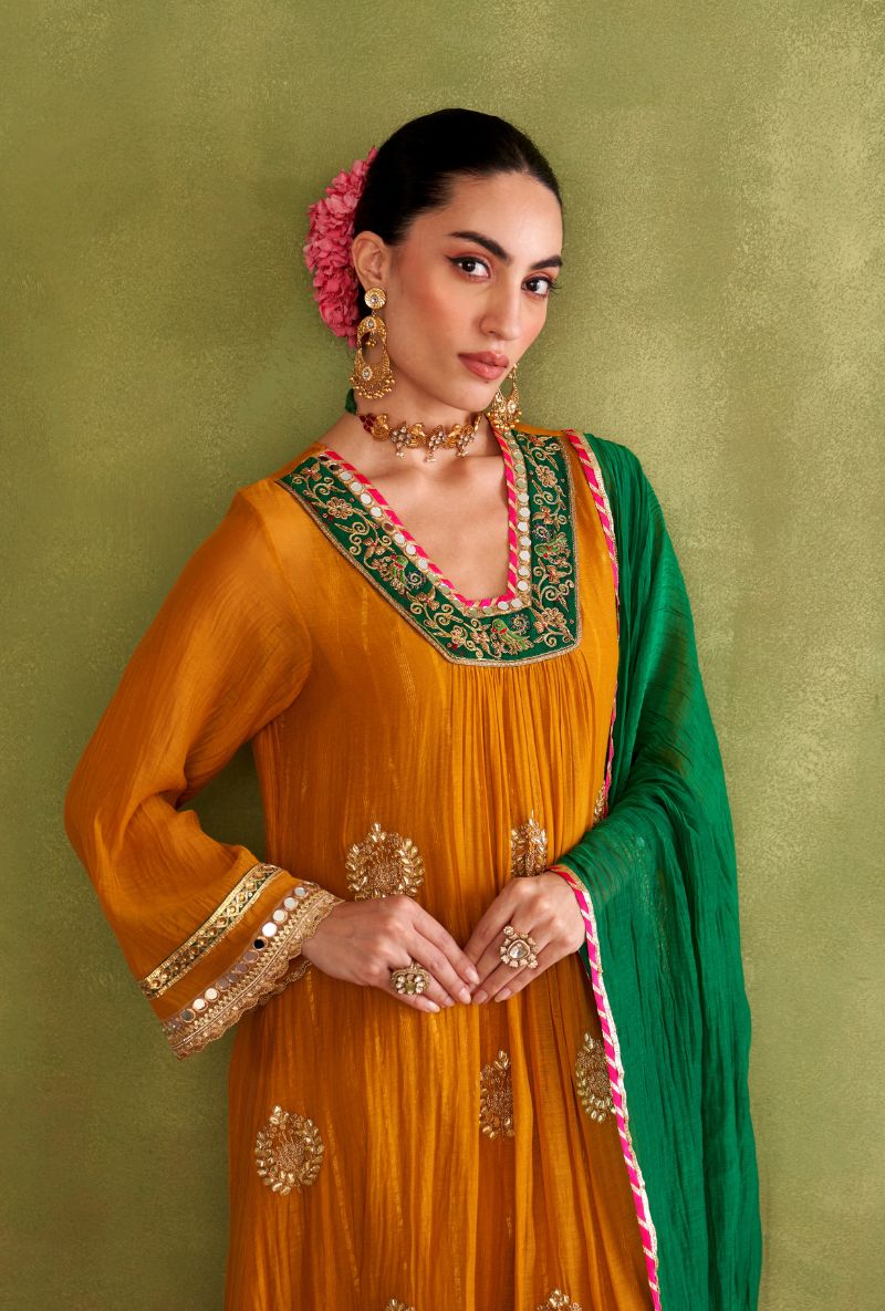 Mustard Contrast Neck Morbagh Kurta Set