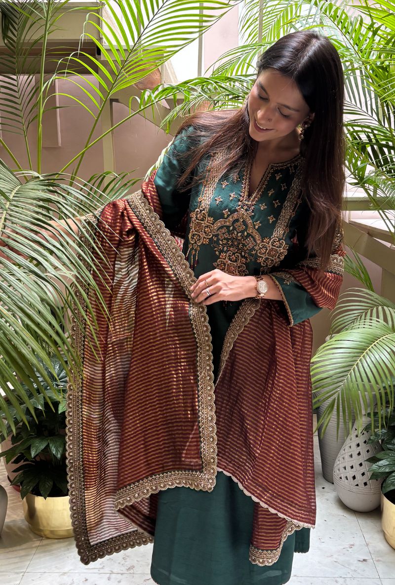 Emerald Green Hand Embroidered Jewel Yoke Surily Kurta Set