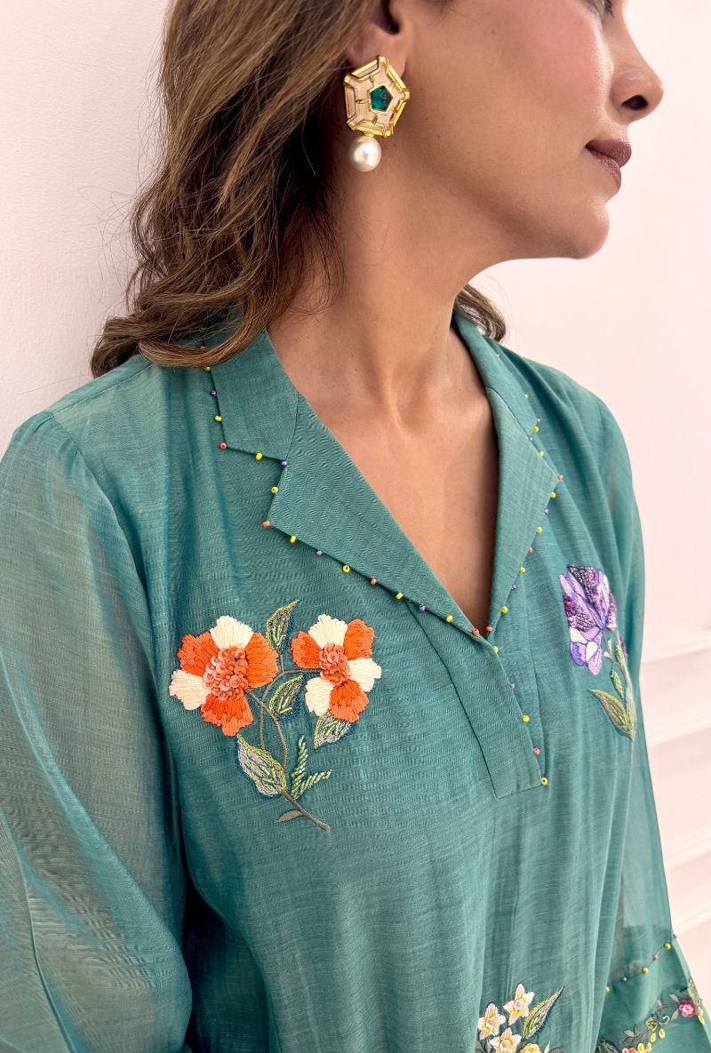 Meghna Nayyar in Matcha Green Collar  Embroidered Zia Co-ord Set