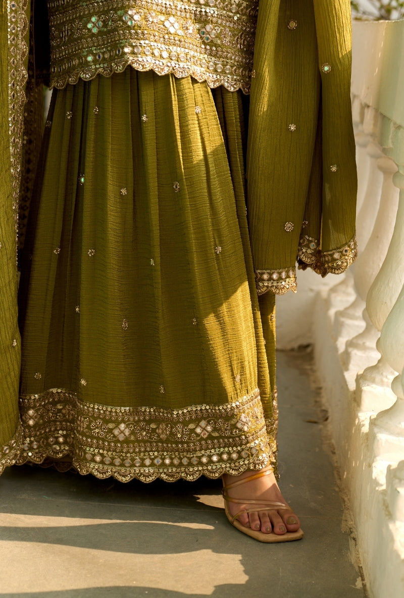 Green Bead Work Nadira Sharara Set