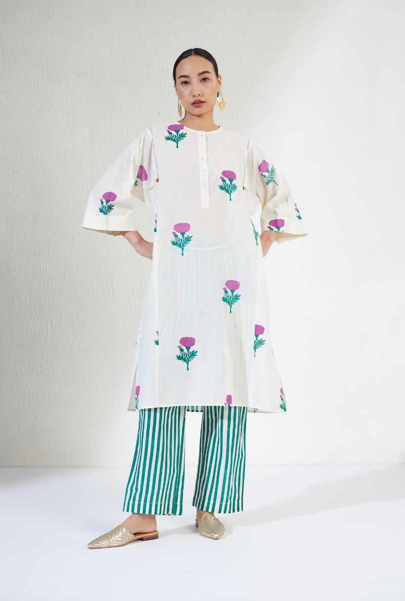 White Hand Block Print Kalidaar Tara Olivia Kurta Set
