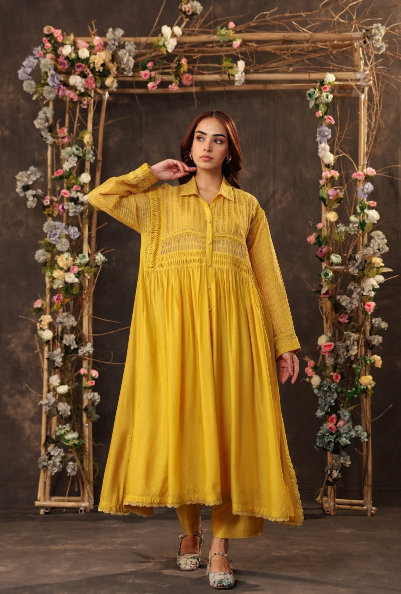 Yellow Pintuck Collar Saaz Kurta Set