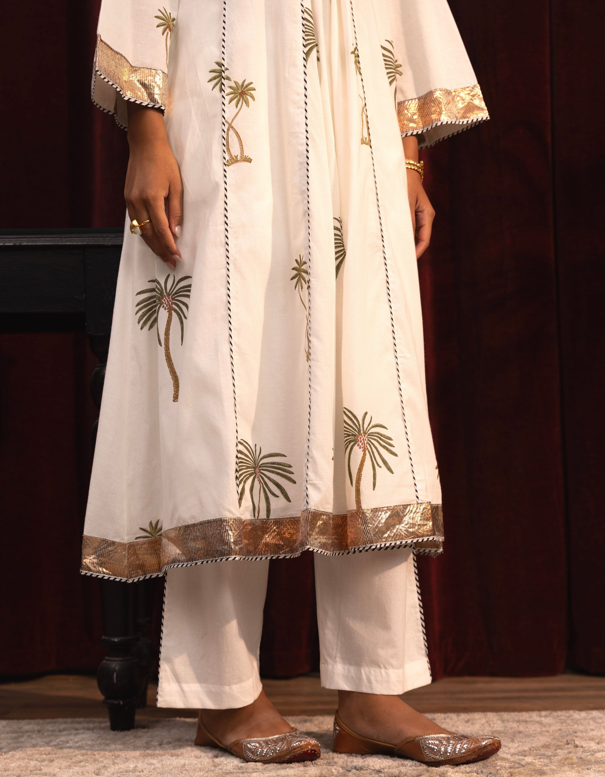 White Palm Print Kali Mogra Kurta Set