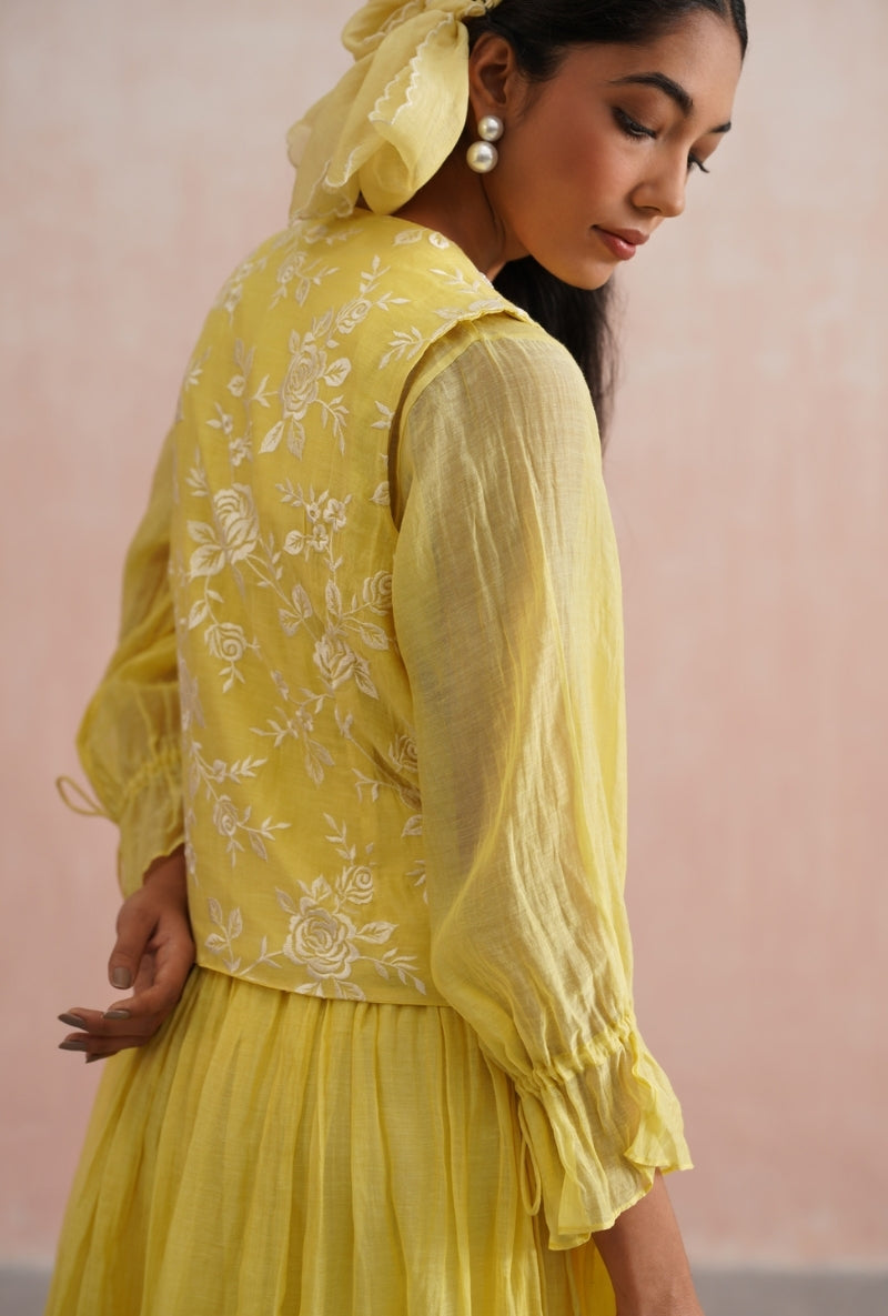 Lemon Yellow Pearl Embroidered Waistcoat Prisha Dress
