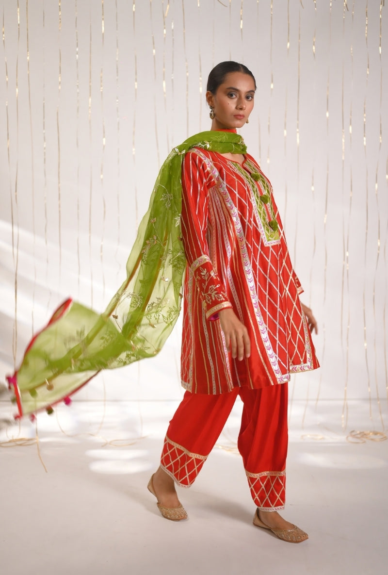 Tomato Red Gota Lace Patti Short Mehreen Kurta Set