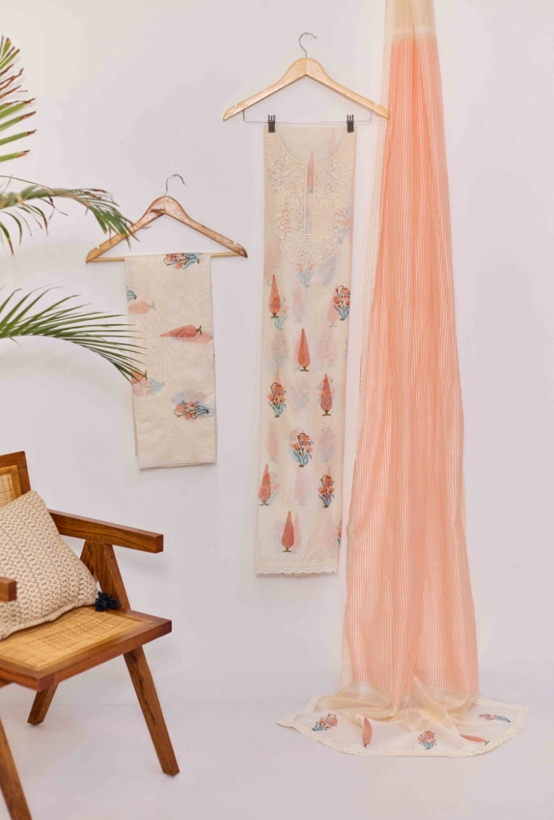 Block Print Resham Thread Embroidered Yoke Unstitched Suit Set