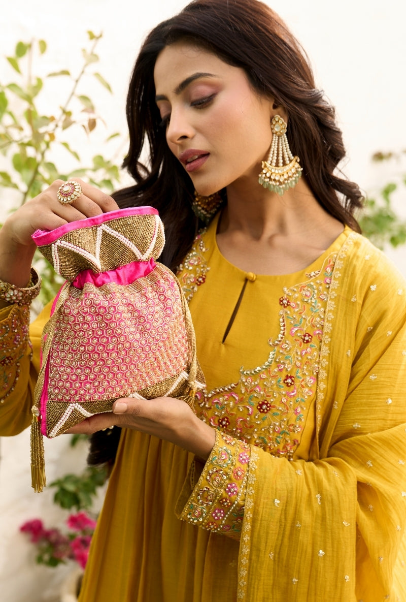 Yellow Front Gather Sabah Anarkali Set