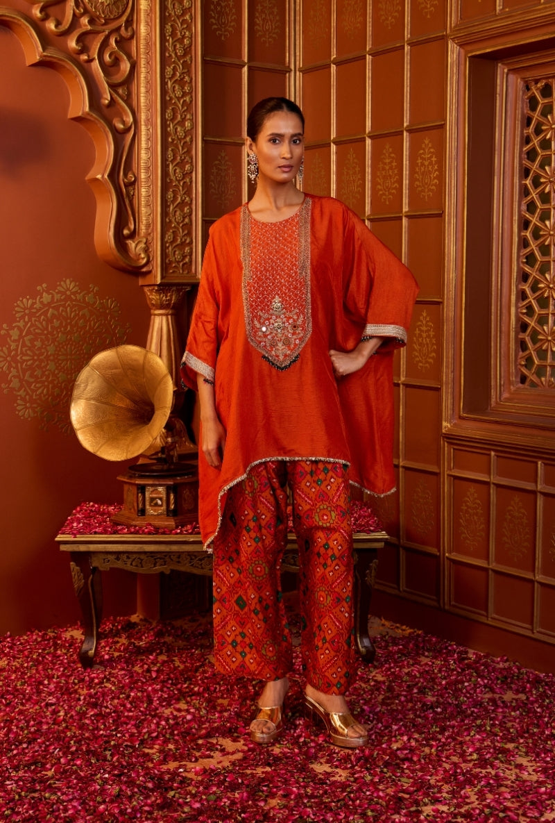 Orange Embroidered Yoke Asymmetric Oorja Kurta Set