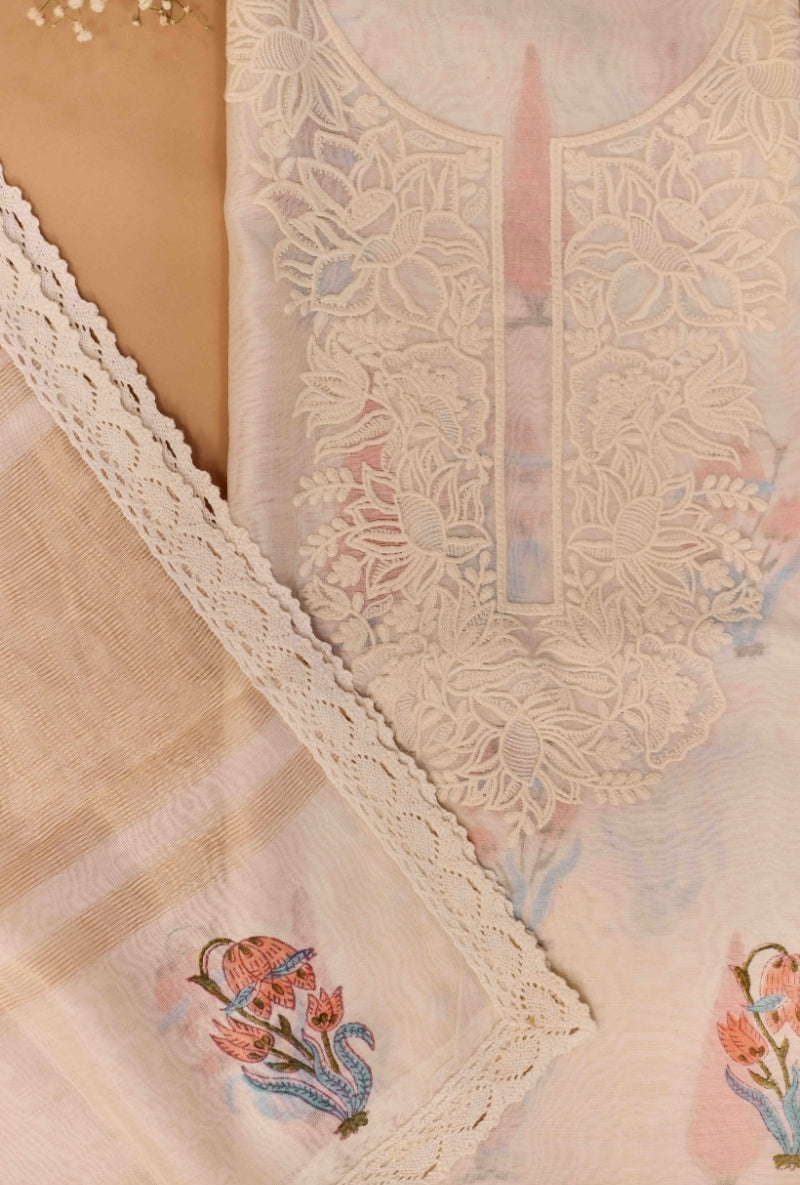 Block Print Resham Thread Embroidered Yoke Unstitched Suit Set