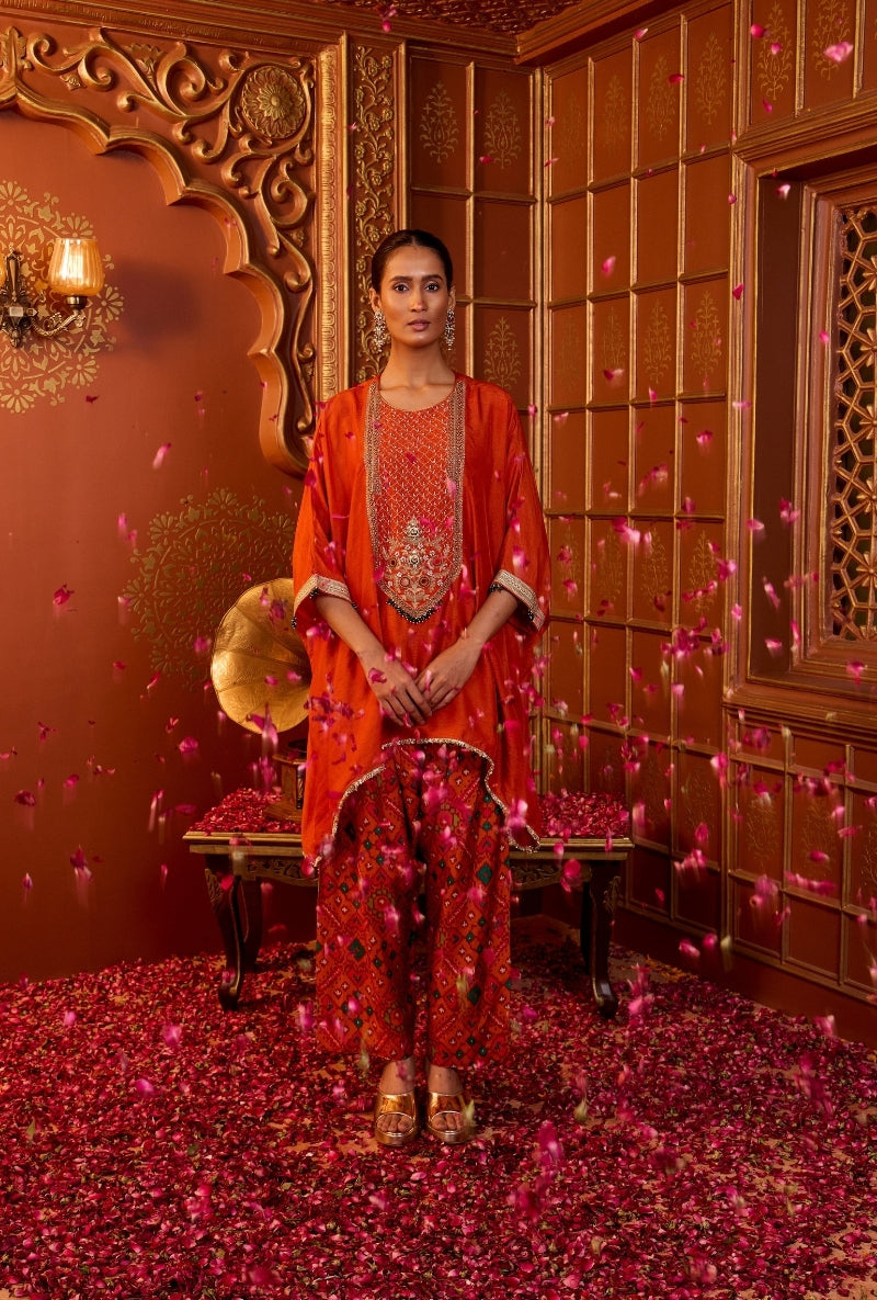 Orange Embroidered Yoke Asymmetric Oorja Kurta Set