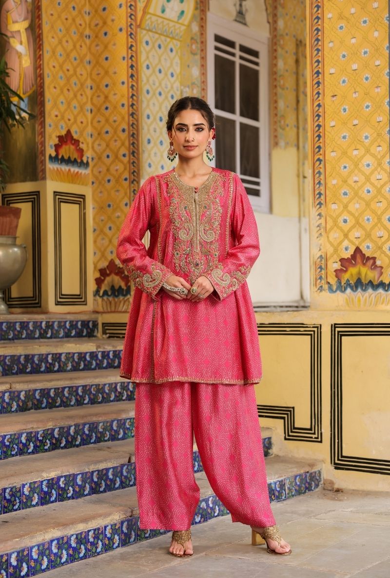 Pink Printed Pheran Short Mehfil Kurta Set