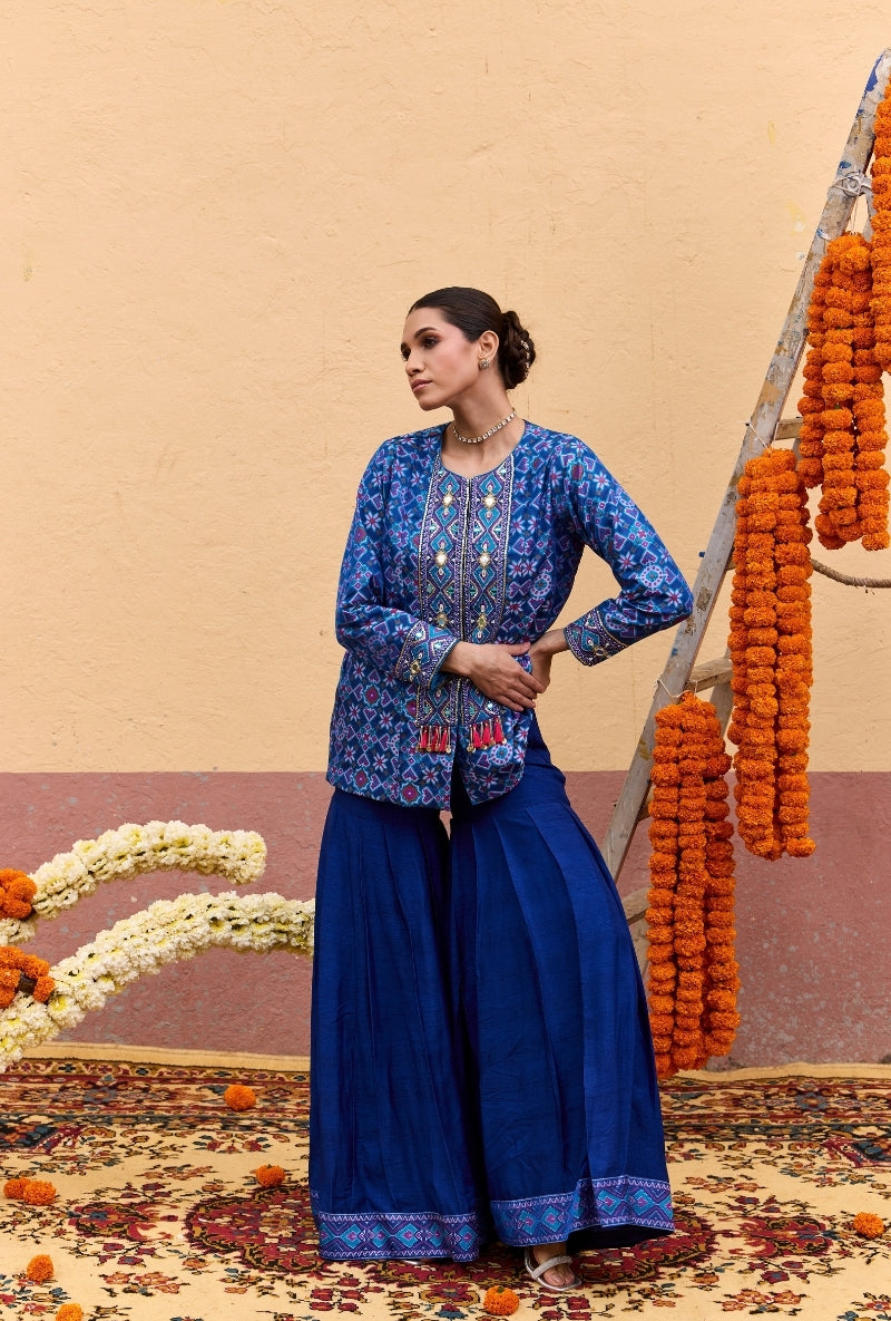 Blue Patola Embroidered Mirror And Zari  Work Oorja Jacket Set