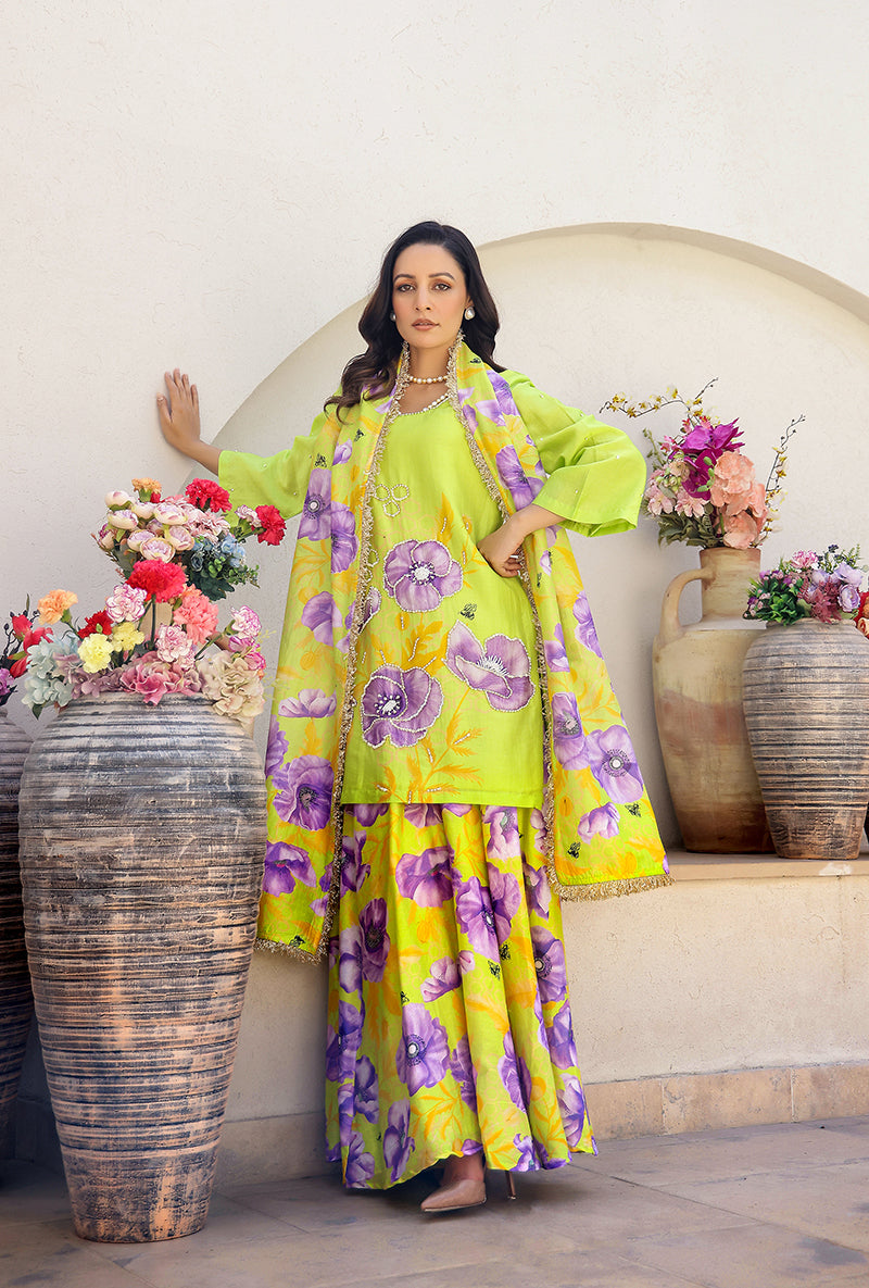 Green Garden Printed Embroidered Magnolia Sharara Set