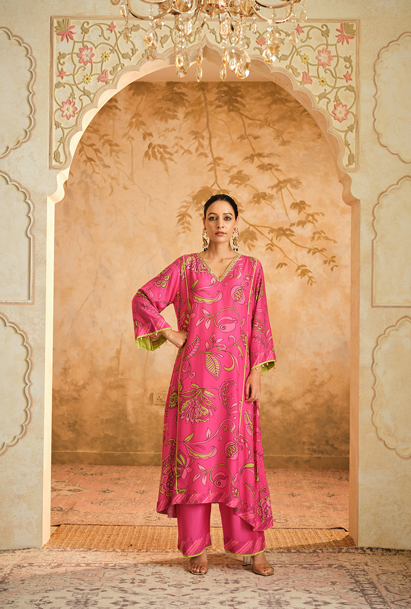 Hot Pink Floral Digital Printed Goonj Kurta Set