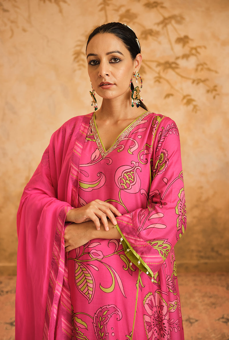 Hot Pink Floral Digital Printed Goonj Kurta Set