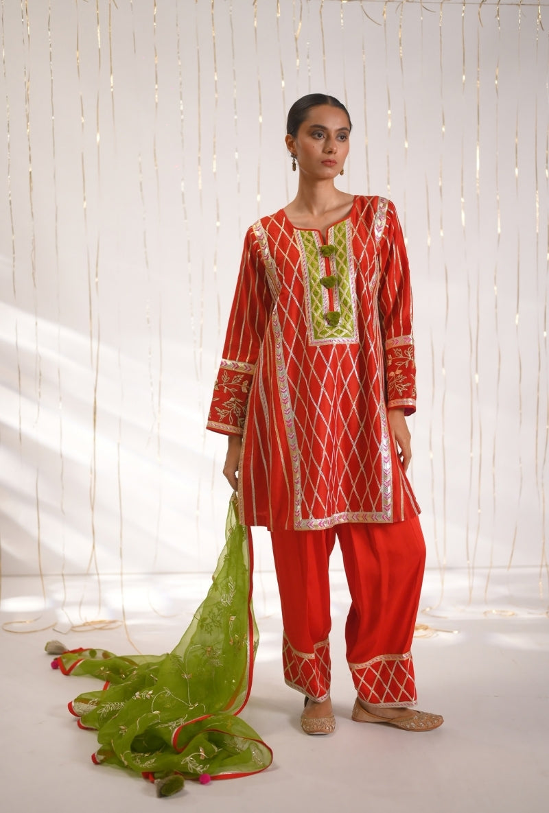 Tomato Red Gota Lace Patti Short Mehreen Kurta Set