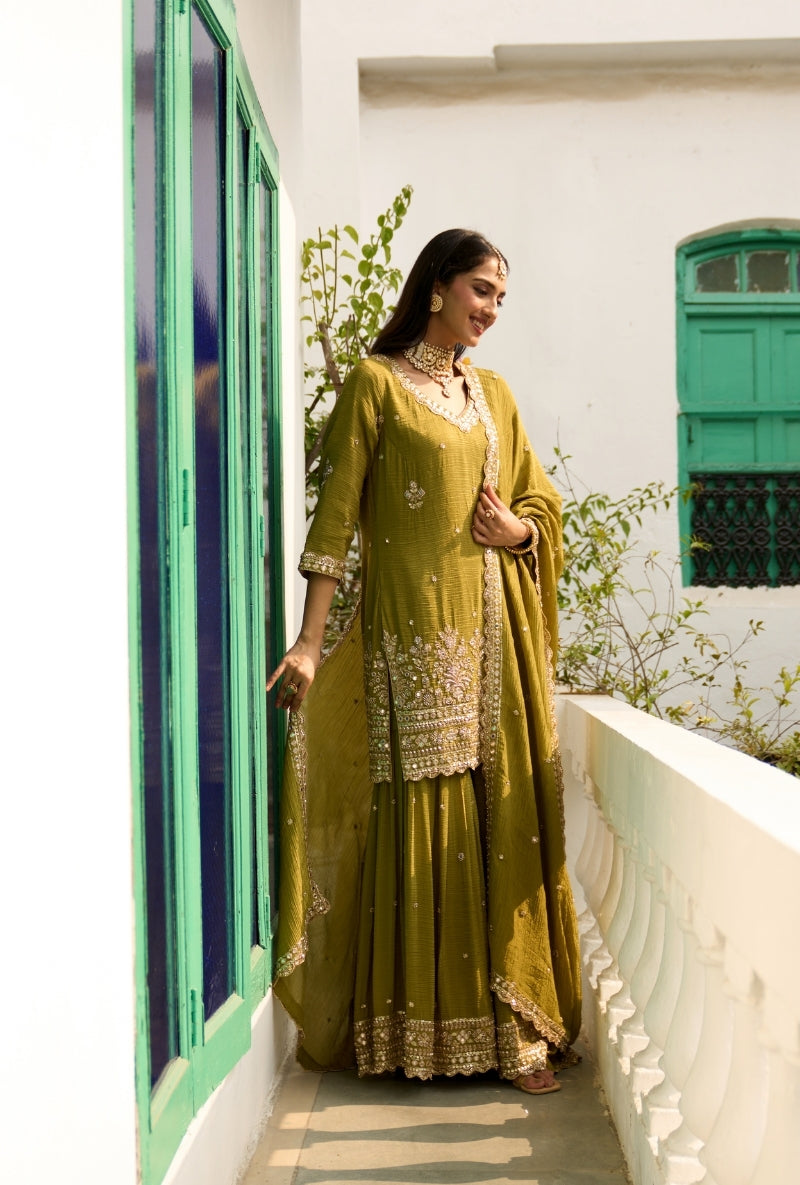 Green Bead Work Nadira Sharara Set