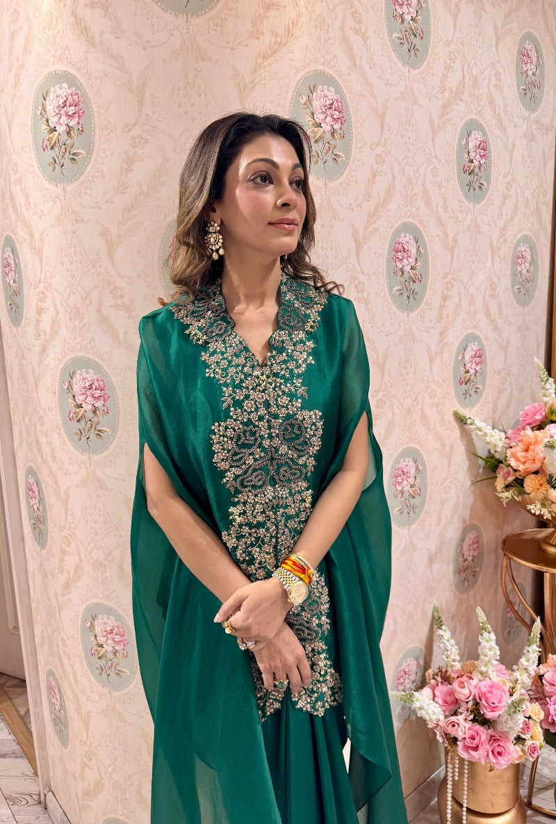 Meghna Nayyar in Bottle Green Sequin and Dori Mallika Cape Set
