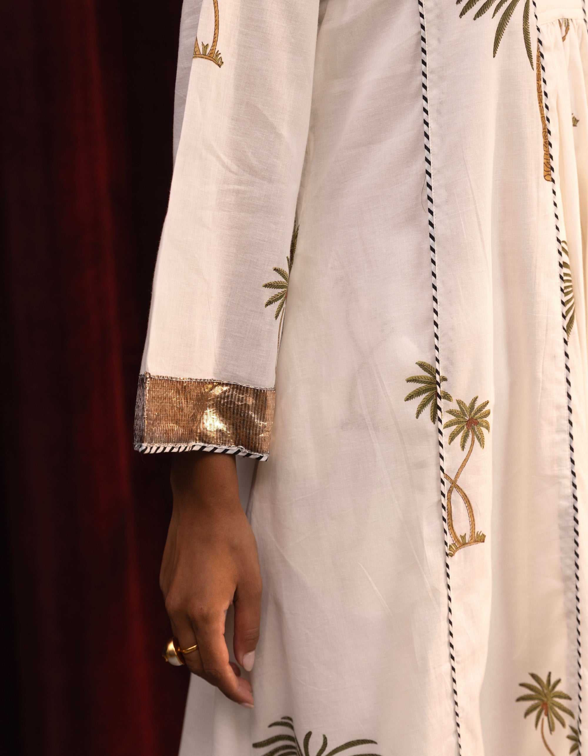 White Palm Print Kali Mogra Kurta Set