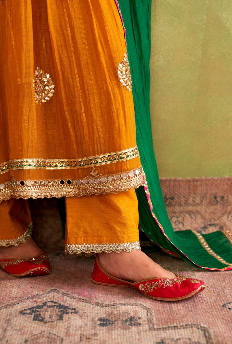 Mustard Contrast Neck Morbagh Kurta Set