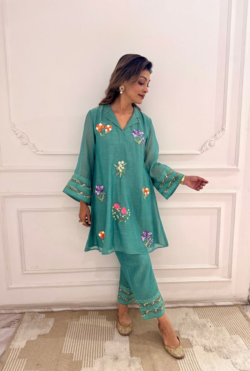 Meghna Nayyar in Matcha Green Collar  Embroidered Zia Co-ord Set