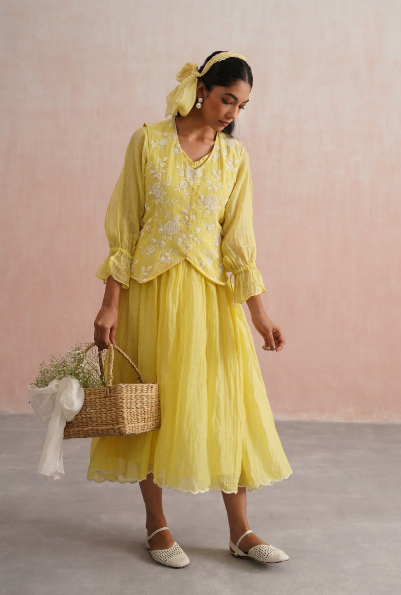 Lemon Yellow Pearl Embroidered Waistcoat Prisha Dress