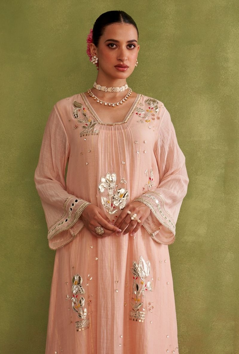 Baby Pink Silver Patchwork Morbagh Kurta Set