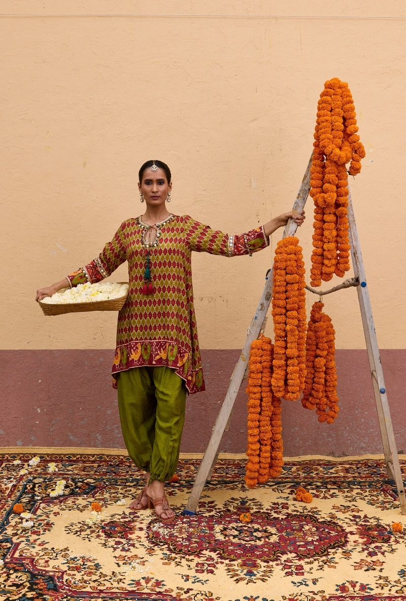 Green Ikat Asymmetric Oorja Kurta Set