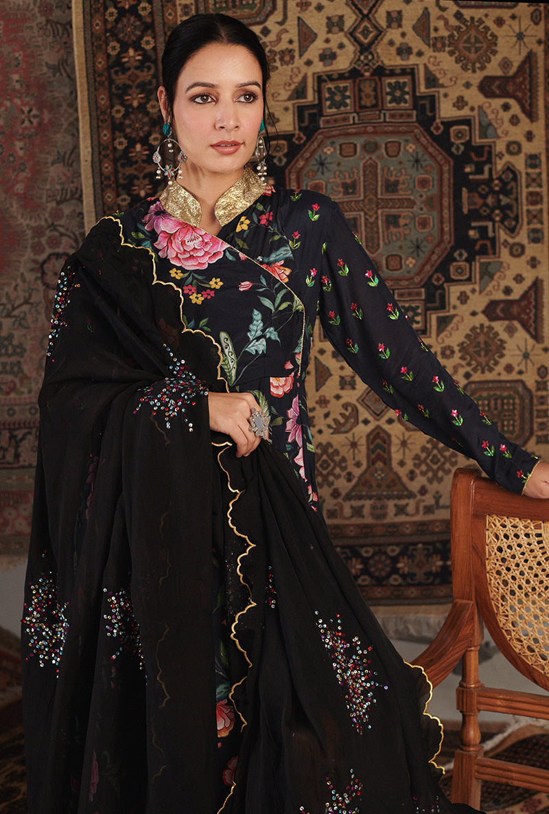 Black Floral Print Aalam Anarkali Set