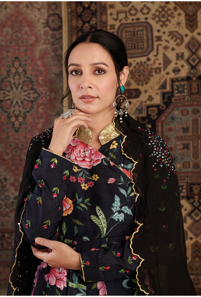 Black Floral Print Aalam Anarkali Set