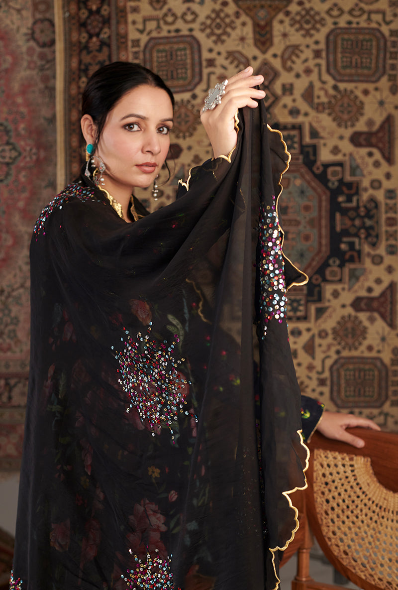 Black Floral Print Aalam Anarkali Set