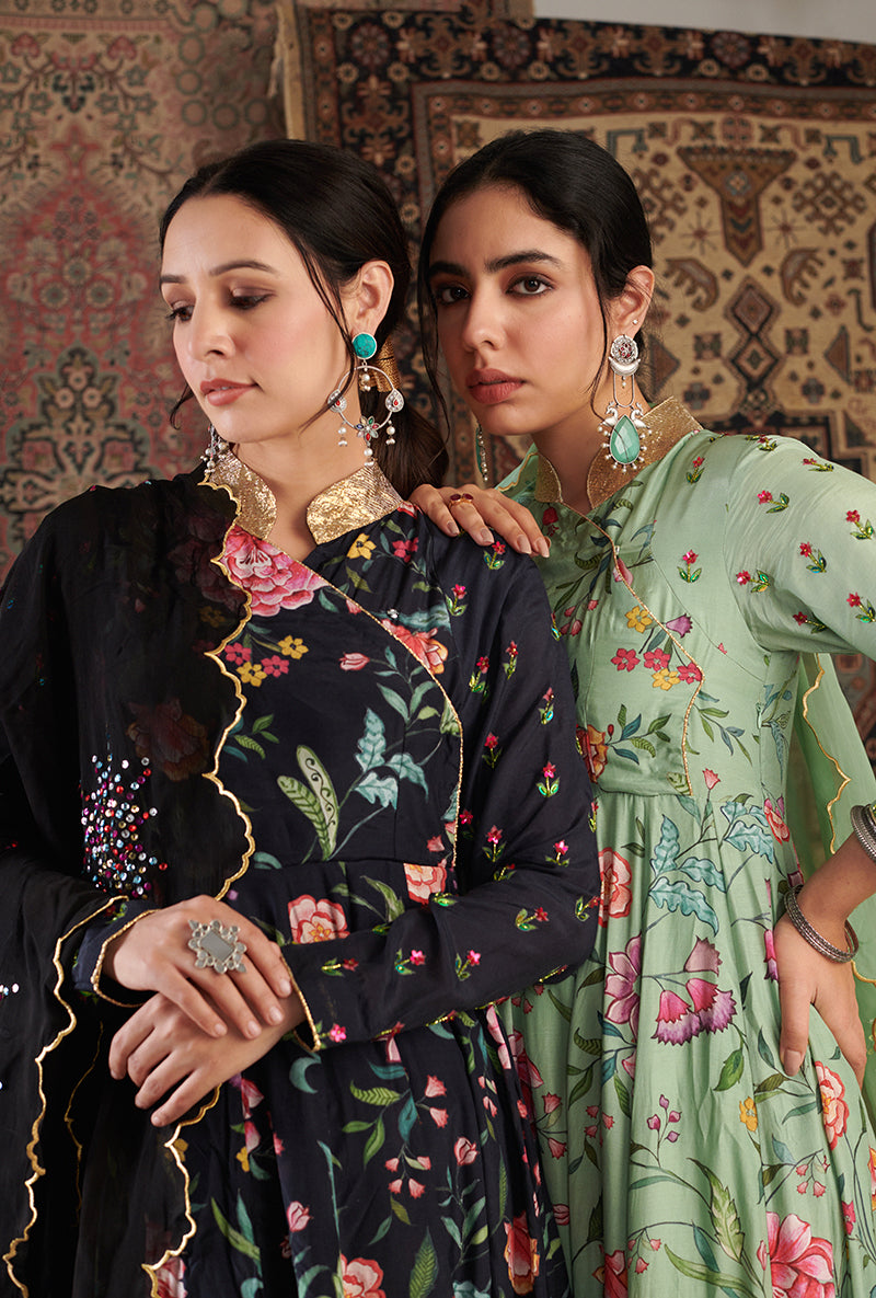 Black Floral Print Aalam Anarkali Set